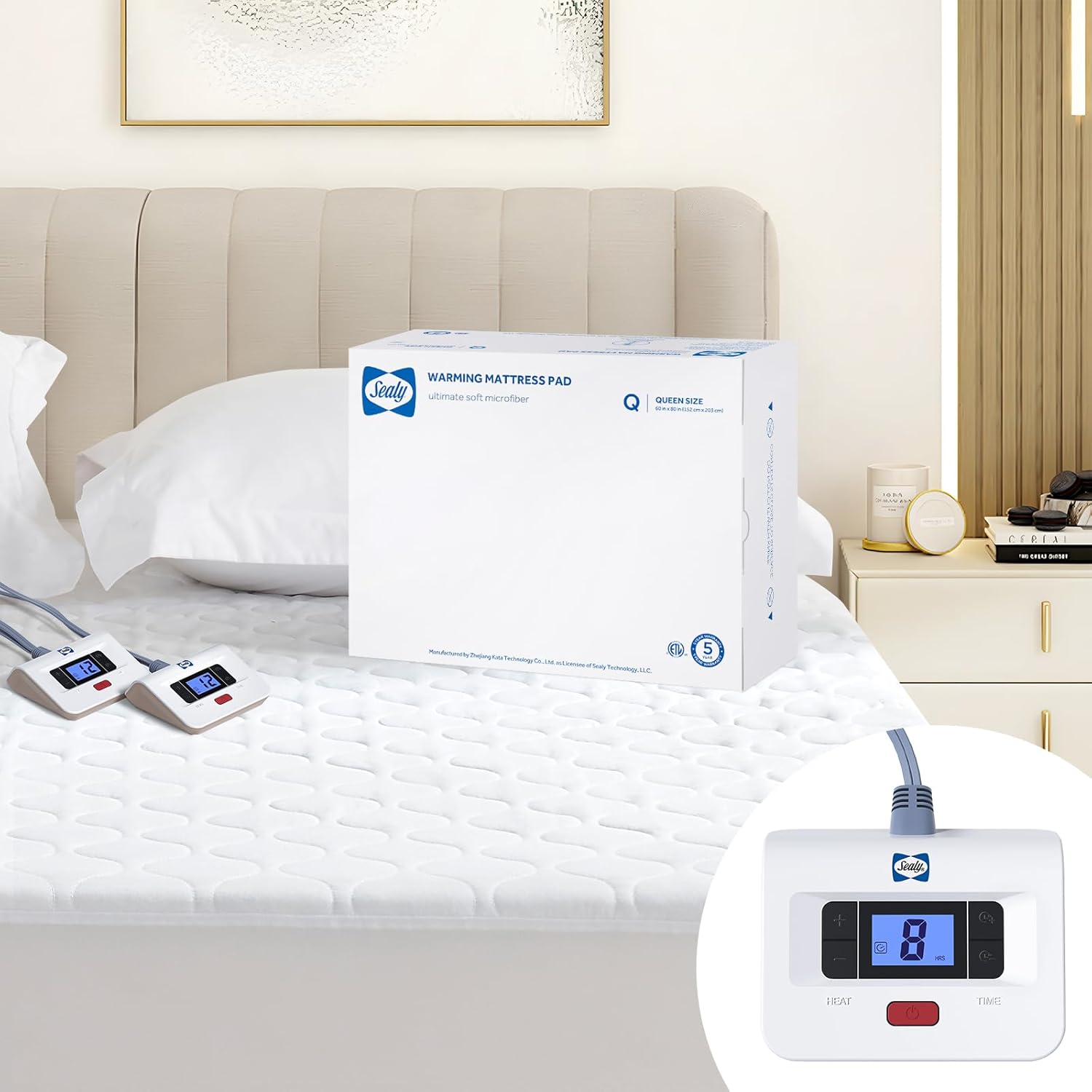 Sealy Heated Mattress Pad Queen Size, Luxury Quilted Electric Bed Warmer with Dual Controller 10 Heat Settings & Auto Off 1-12 Hours | Fit Up to 17 Deep Pocket | ETL Certified | Machine Washable